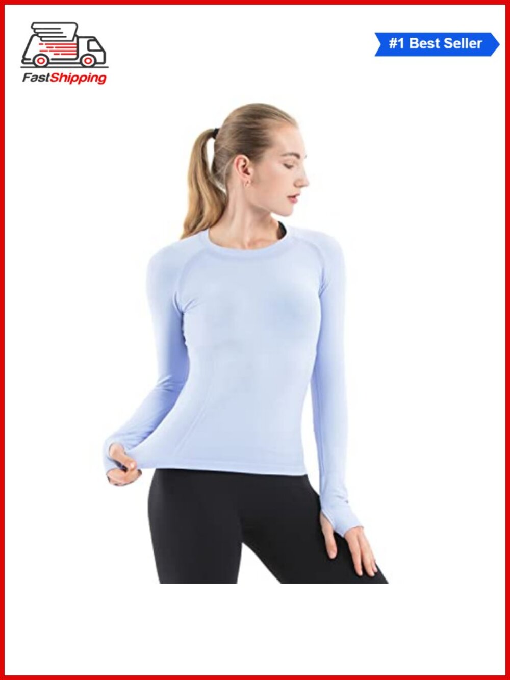 Seamless Long Sleeve Workout Top Thumb Holes Crew Neck Slim Fit Gym Yoga